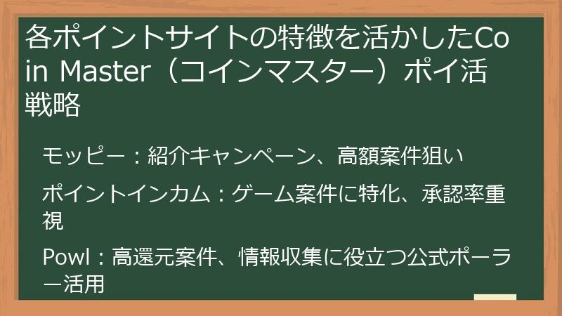 各ポイントサイトの特徴を活かしたCoin Master(コインマスター)ポイ活戦略