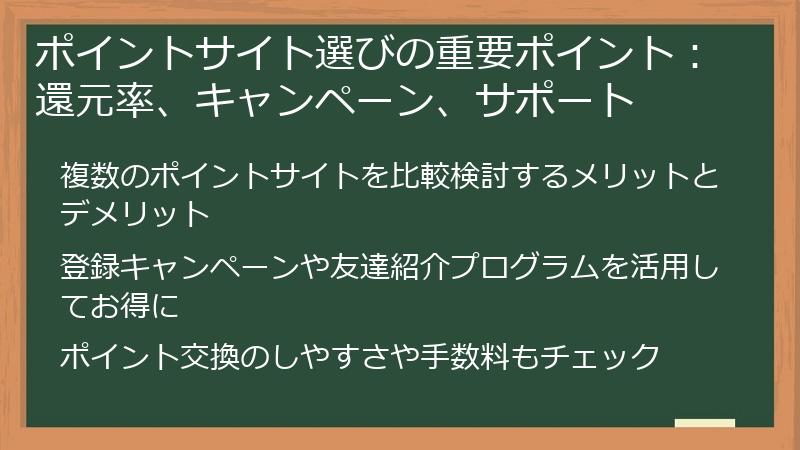 ポイントサイト選びの重要ポイント:還元率、キャンペーン、サポート