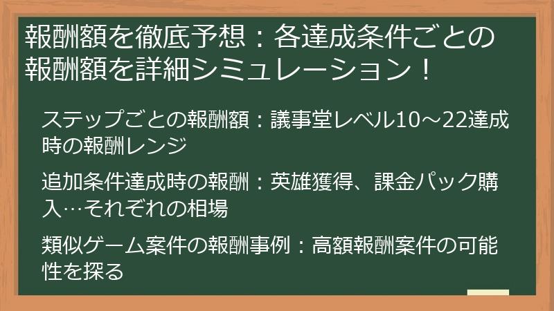 報酬額を徹底予想：各達成条件ごとの報酬額を詳細シミュレーション！