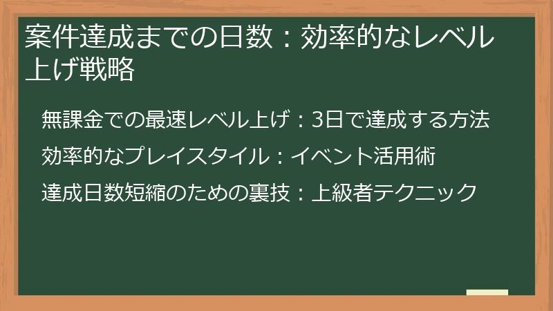 案件達成までの日数：効率的なレベル上げ戦略