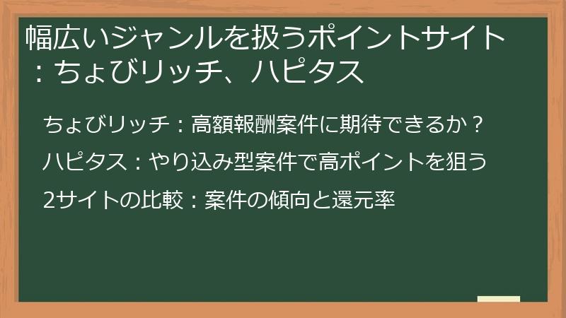 幅広いジャンルを扱うポイントサイト：ちょびリッチ、ハピタス
