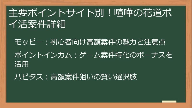 主要ポイントサイト別!喧嘩の花道ポイ活案件詳細