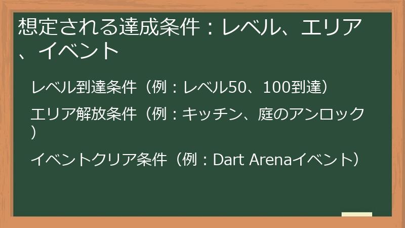 想定される達成条件：レベル、エリア、イベント