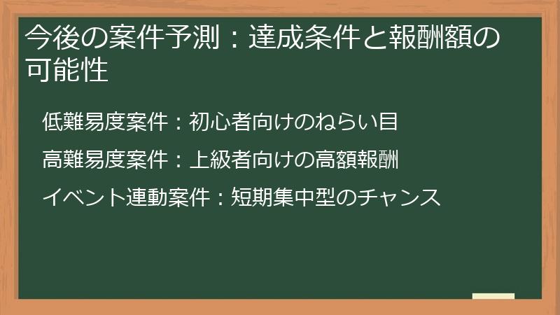 今後の案件予測：達成条件と報酬額の可能性