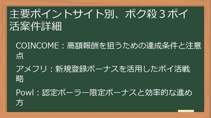 主要ポイントサイト別、ボク殺３ポイ活案件詳細