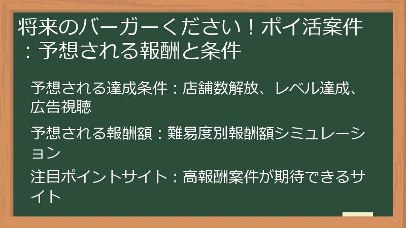 将来のバーガーください！ポイ活案件：予想される報酬と条件