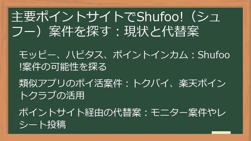 主要ポイントサイトでShufoo!（シュフー）案件を探す：現状と代替案