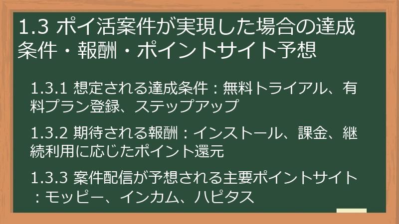 1.3 ポイ活案件が実現した場合の達成条件・報酬・ポイントサイト予想
