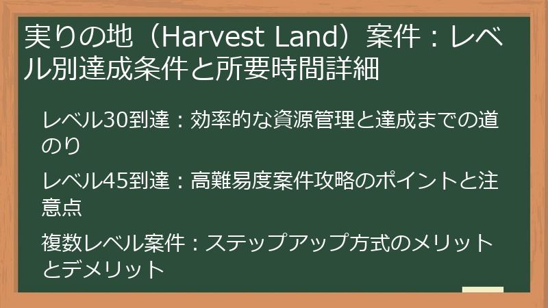 実りの地（Harvest Land）案件：レベル別達成条件と所要時間詳細