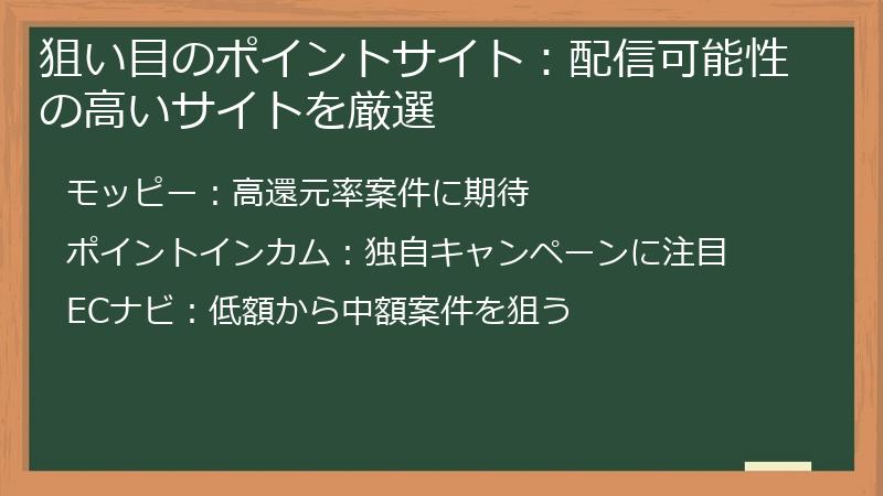 狙い目のポイントサイト：配信可能性の高いサイトを厳選