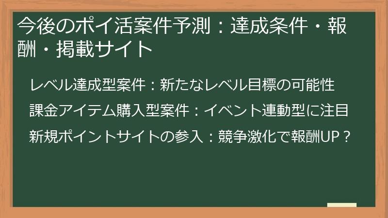今後のポイ活案件予測：達成条件・報酬・掲載サイト