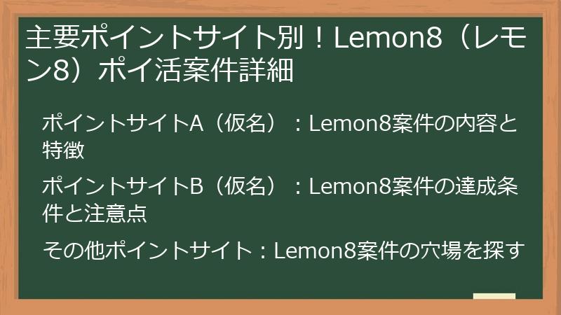 主要ポイントサイト別！Lemon8（レモン8）ポイ活案件詳細