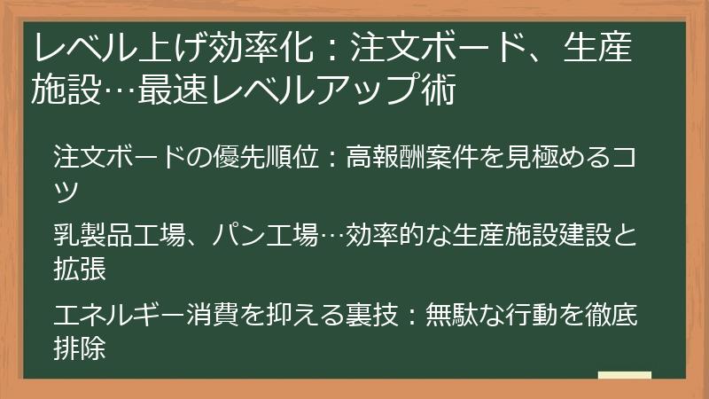 レベル上げ効率化:注文ボード、生産施設…最速レベルアップ術
