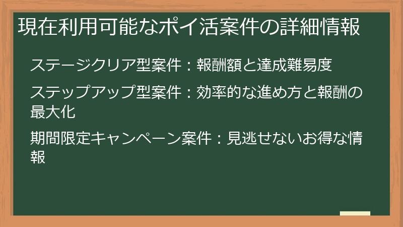 現在利用可能なポイ活案件の詳細情報