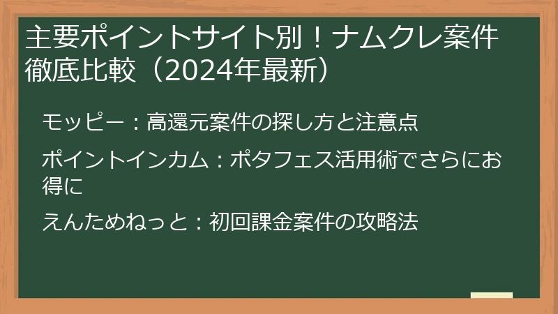 主要ポイントサイト別！ナムクレ案件徹底比較（2024年最新）