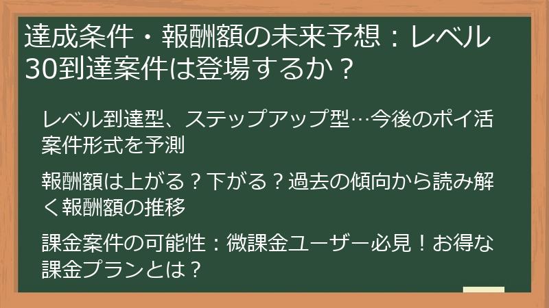 達成条件・報酬額の未来予想:レベル30到達案件は登場するか?