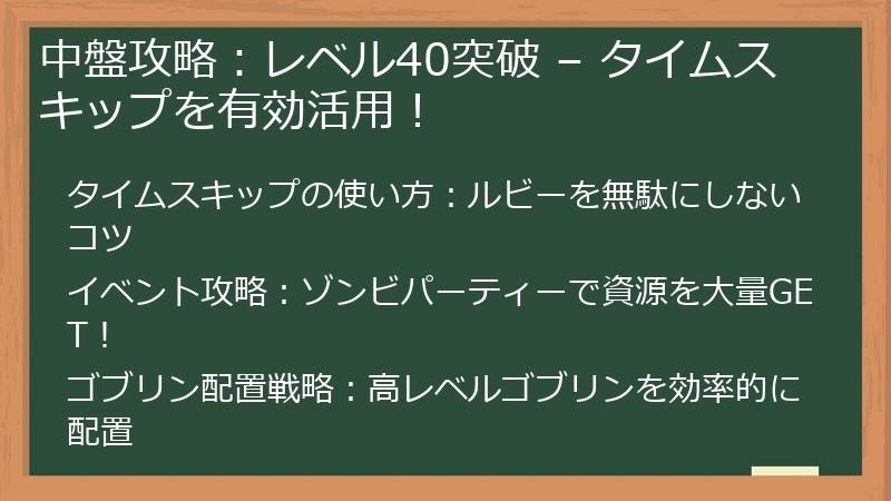 中盤攻略：レベル40突破 – タイムスキップを有効活用！