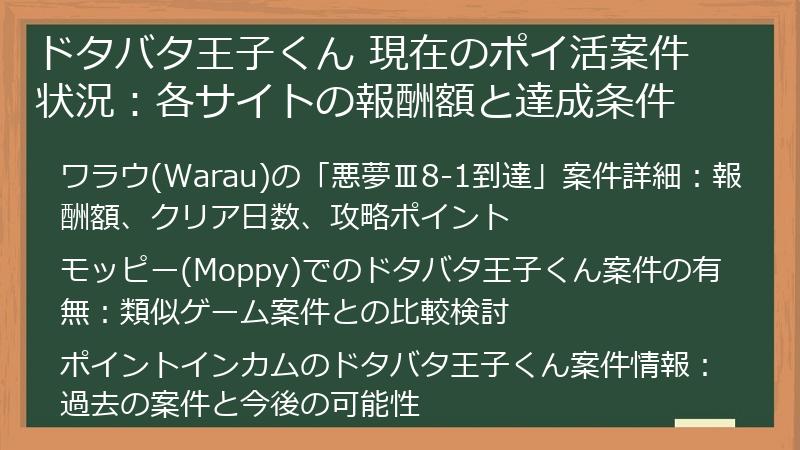 ドタバタ王子くん 現在のポイ活案件状況：各サイトの報酬額と達成条件