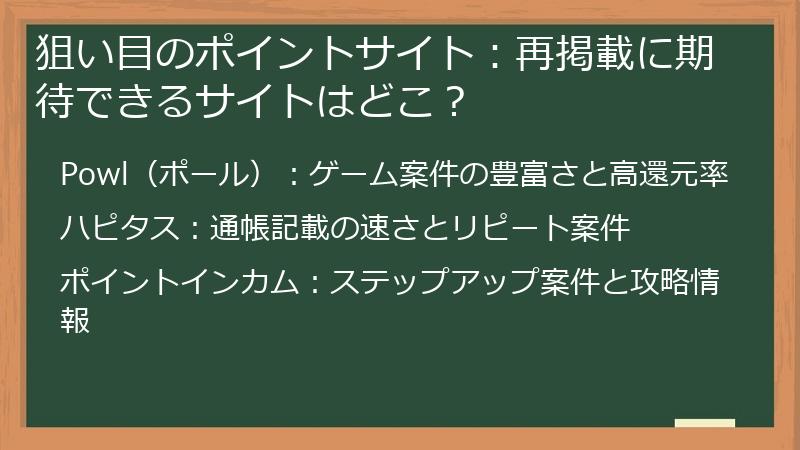 狙い目のポイントサイト:再掲載に期待できるサイトはどこ?