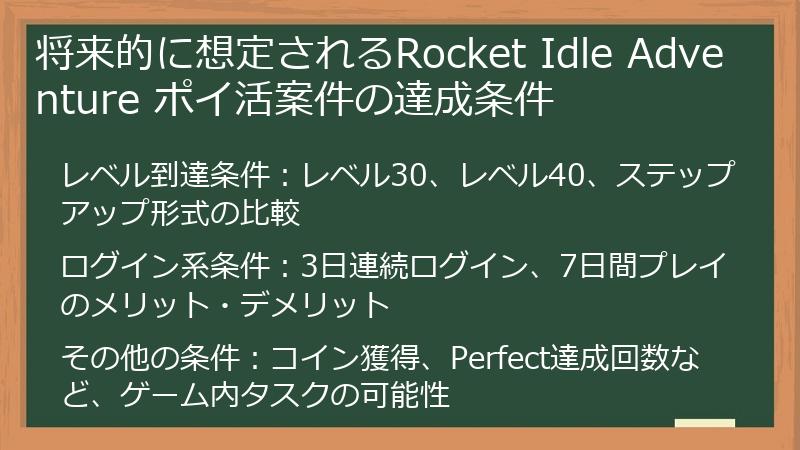 将来的に想定されるRocket Idle Adventure ポイ活案件の達成条件