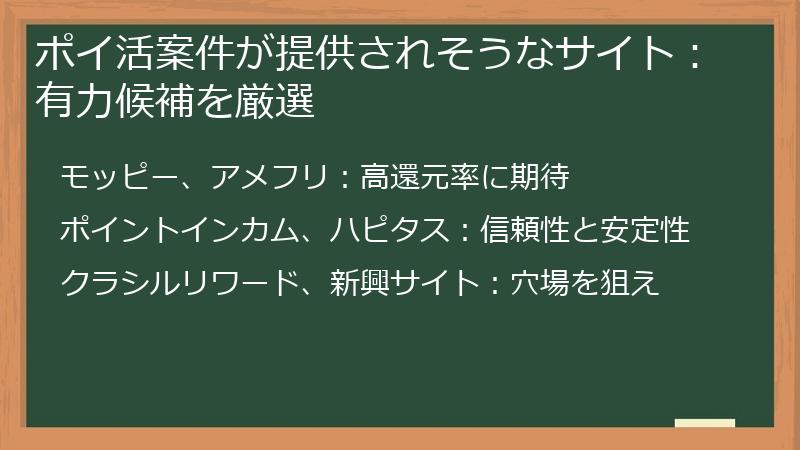ポイ活案件が提供されそうなサイト:有力候補を厳選