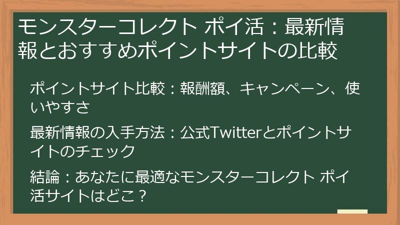 モンスターコレクト ポイ活：最新情報とおすすめポイントサイトの比較