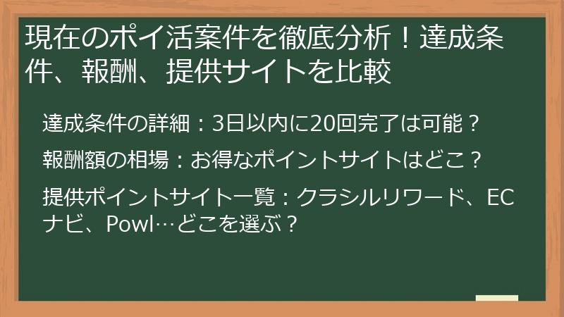 現在のポイ活案件を徹底分析！達成条件、報酬、提供サイトを比較