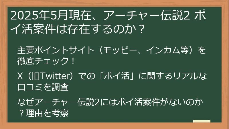 2025年5月現在、アーチャー伝説2 ポイ活案件は存在するのか？