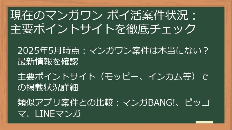 現在のマンガワン ポイ活案件状況：主要ポイントサイトを徹底チェック