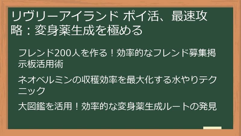 リヴリーアイランド ポイ活、最速攻略：変身薬生成を極める