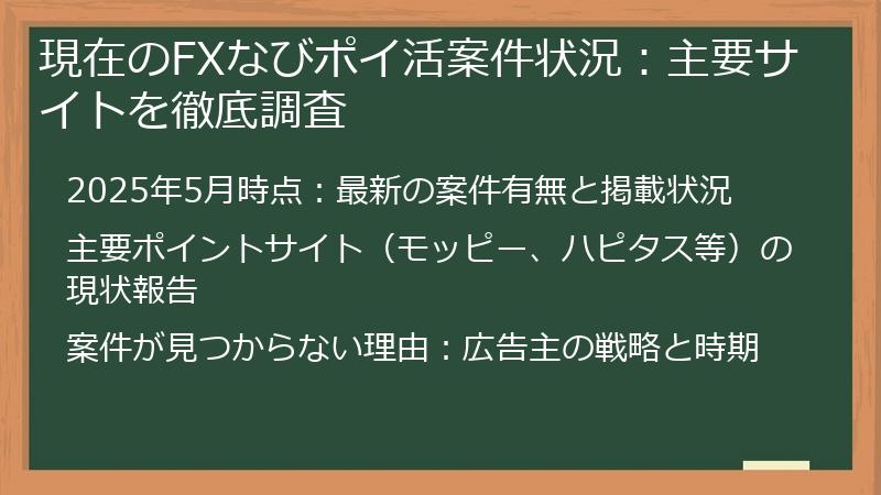 現在のFXなびポイ活案件状況：主要サイトを徹底調査