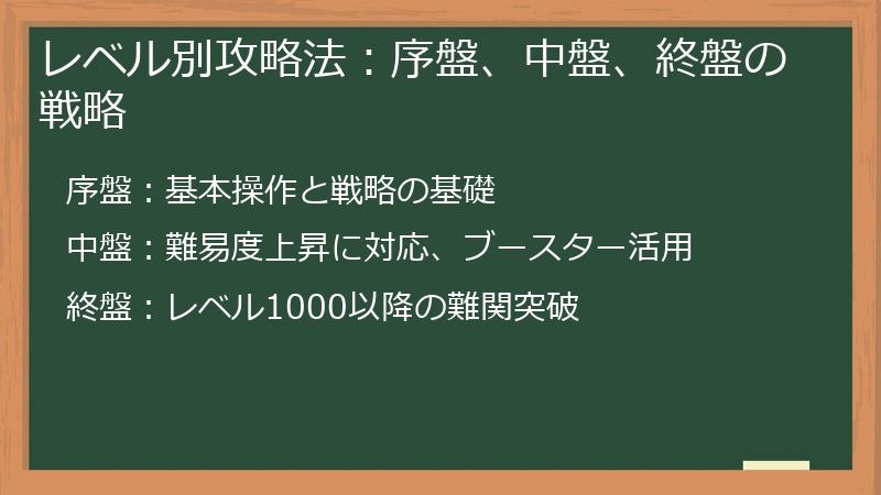 レベル別攻略法:序盤、中盤、終盤の戦略