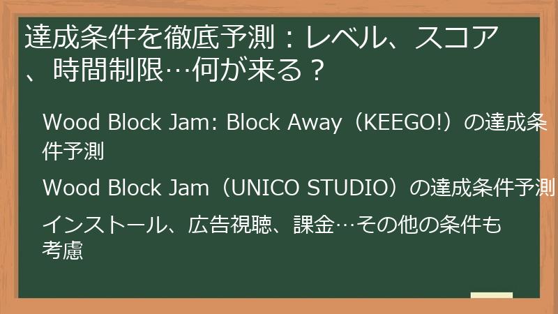 達成条件を徹底予測：レベル、スコア、時間制限…何が来る？