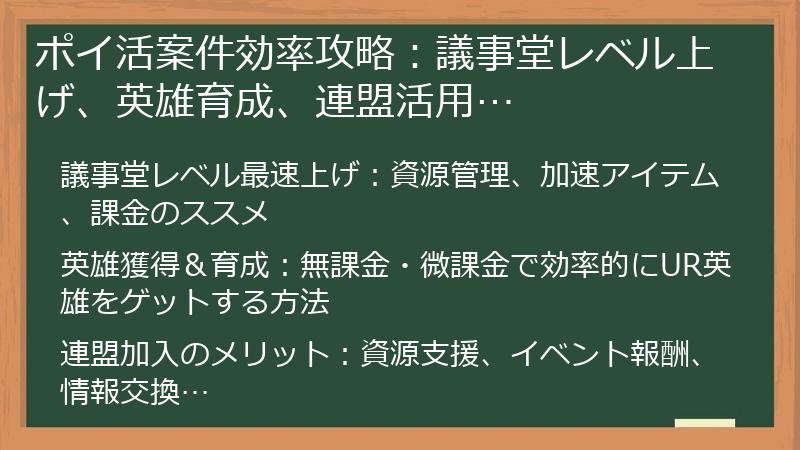 ポイ活案件効率攻略：議事堂レベル上げ、英雄育成、連盟活用…
