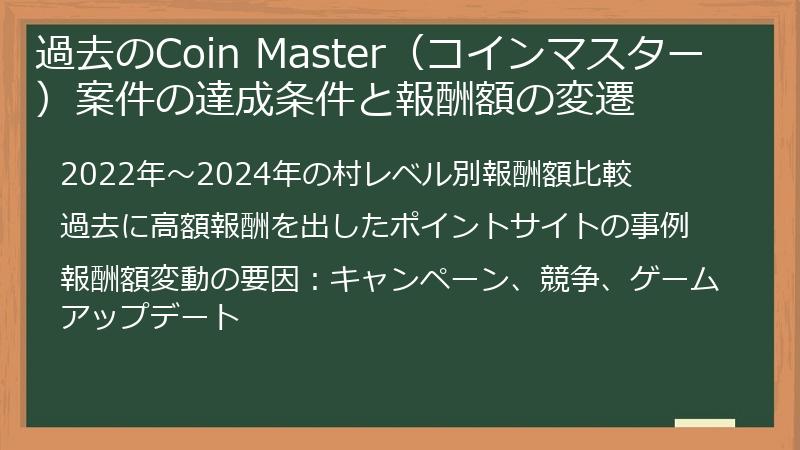 過去のCoin Master(コインマスター)案件の達成条件と報酬額の変遷