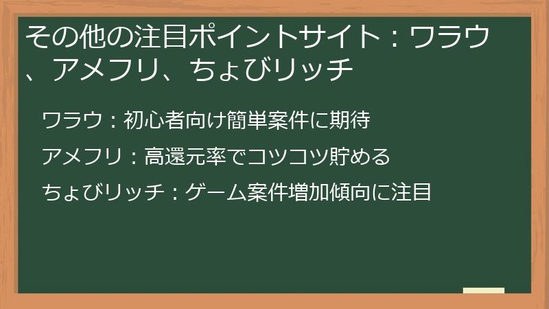 その他の注目ポイントサイト：ワラウ、アメフリ、ちょびリッチ