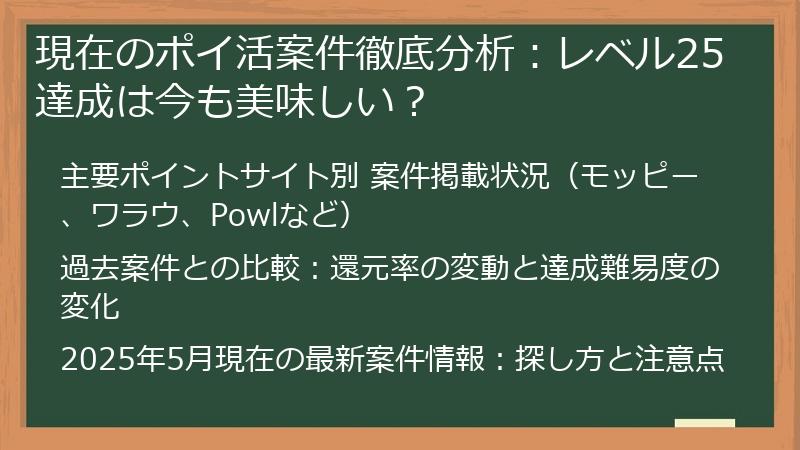 現在のポイ活案件徹底分析：レベル25達成は今も美味しい？