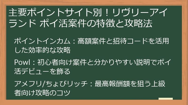 主要ポイントサイト別！リヴリーアイランド ポイ活案件の特徴と攻略法