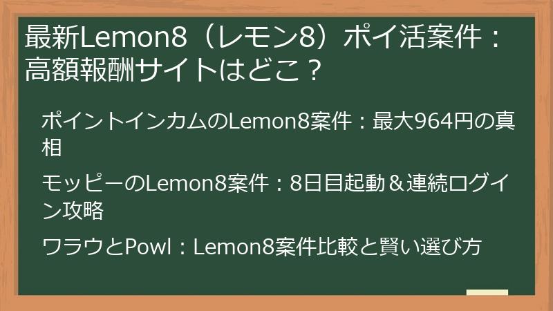 最新Lemon8（レモン8）ポイ活案件：高額報酬サイトはどこ？