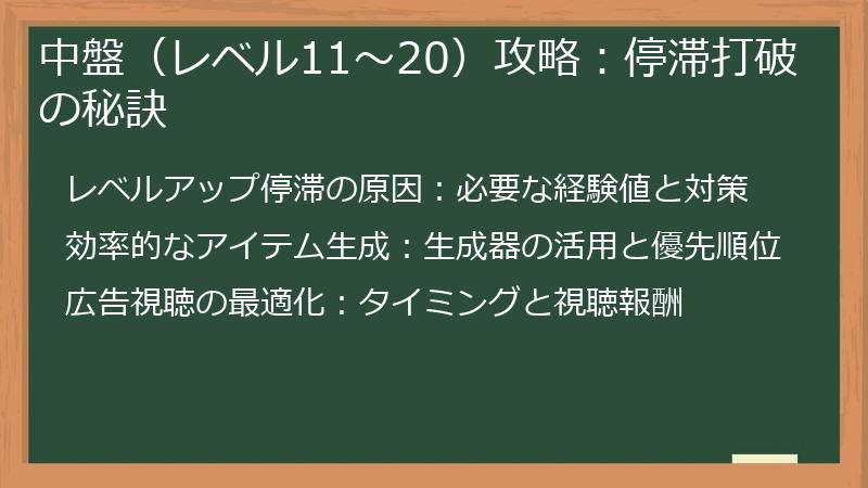 中盤（レベル11～20）攻略：停滞打破の秘訣