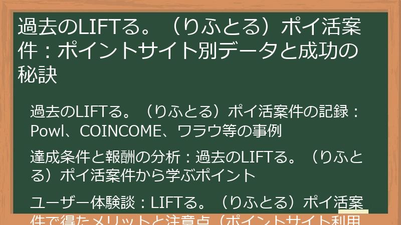 過去のLIFTる。（りふとる）ポイ活案件：ポイントサイト別データと成功の秘訣