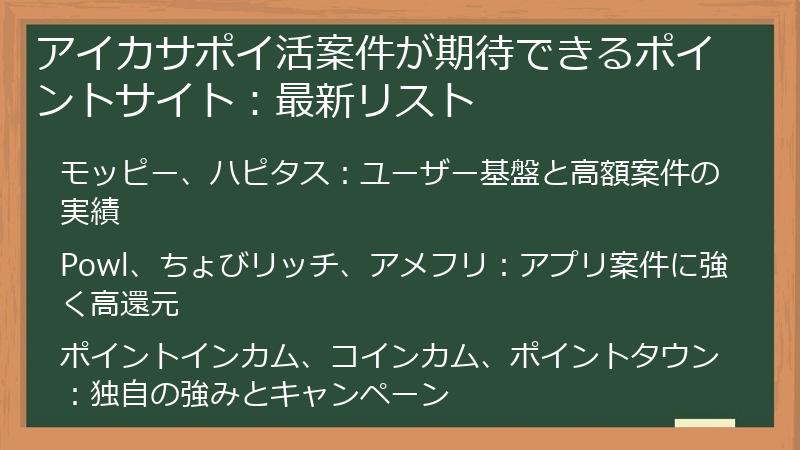 アイカサポイ活案件が期待できるポイントサイト：最新リスト