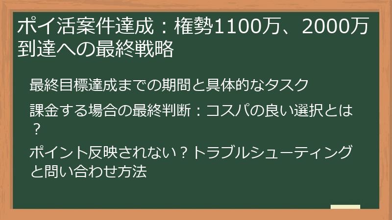 ポイ活案件達成：権勢1100万、2000万到達への最終戦略