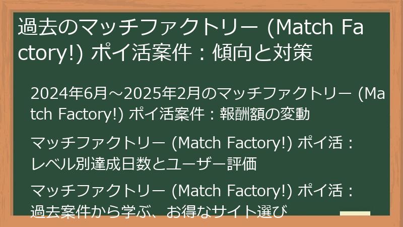 過去のマッチファクトリー (Match Factory!) ポイ活案件:傾向と対策