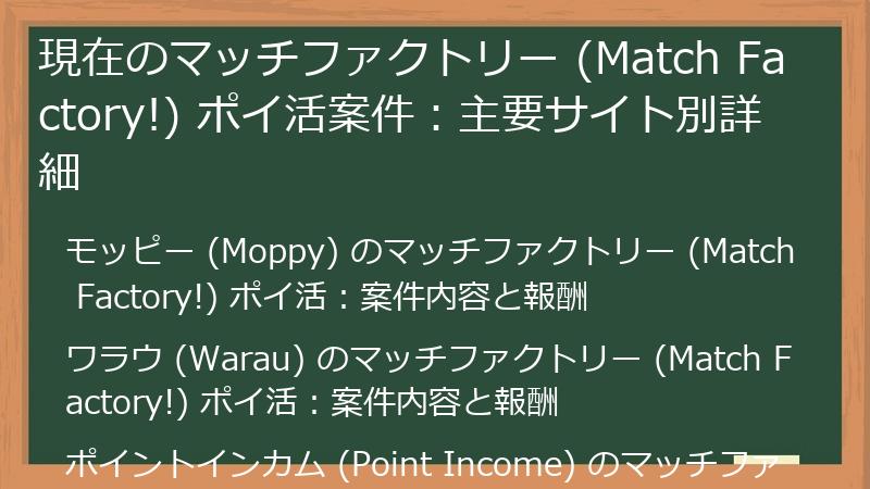現在のマッチファクトリー (Match Factory!) ポイ活案件:主要サイト別詳細