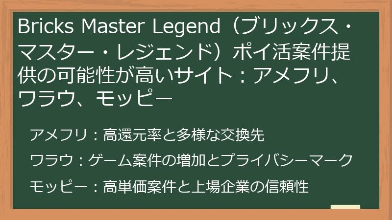 Bricks Master Legend(ブリックス・マスター・レジェンド)ポイ活案件提供の可能性が高いサイト:アメフリ、ワラウ、モッピー