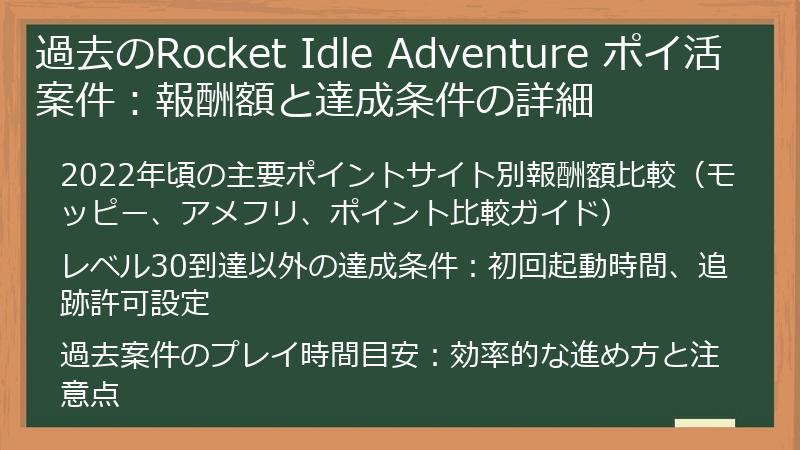 過去のRocket Idle Adventure ポイ活案件：報酬額と達成条件の詳細