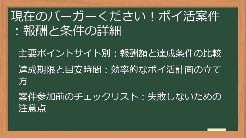 現在のバーガーください！ポイ活案件：報酬と条件の詳細