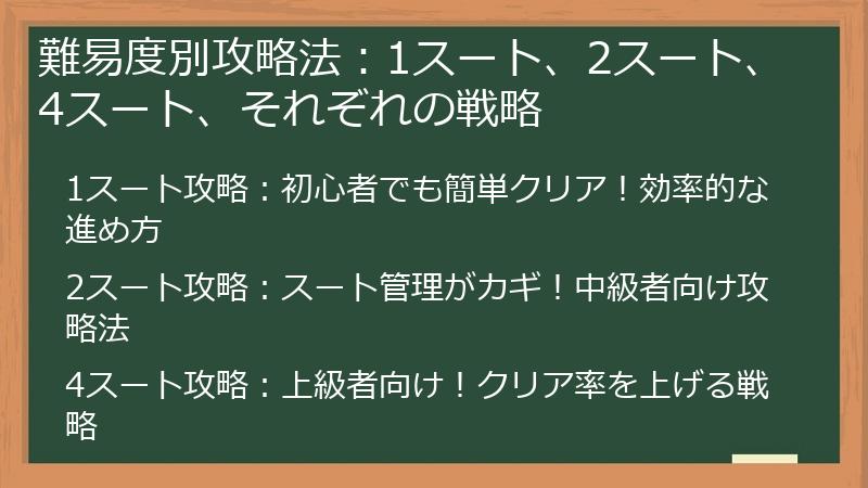 難易度別攻略法：1スート、2スート、4スート、それぞれの戦略