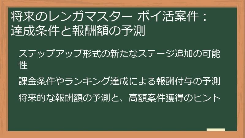 将来のレンガマスター ポイ活案件：達成条件と報酬額の予測